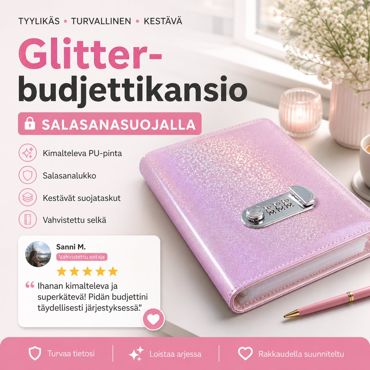 Glitterbudjettikansio salasanasuojalla