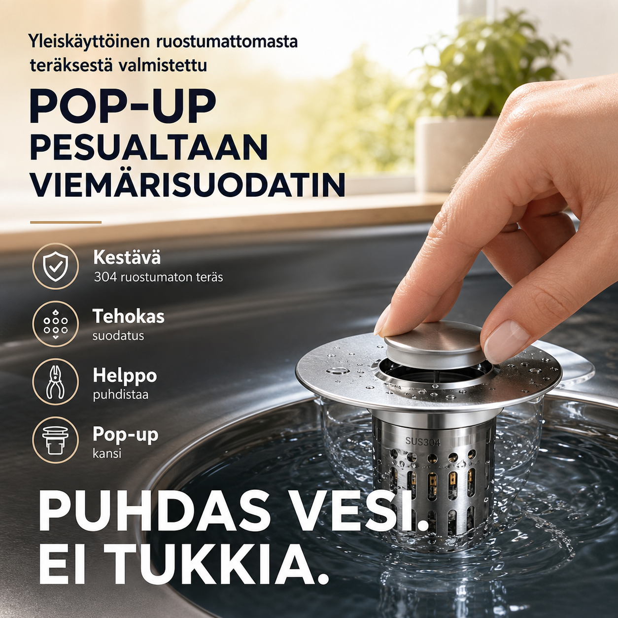 Yleiskäyttöinen ruostumattomasta teräksestä valmistettu pop-up-tyyppinen pesualtaan viemärisuodatin