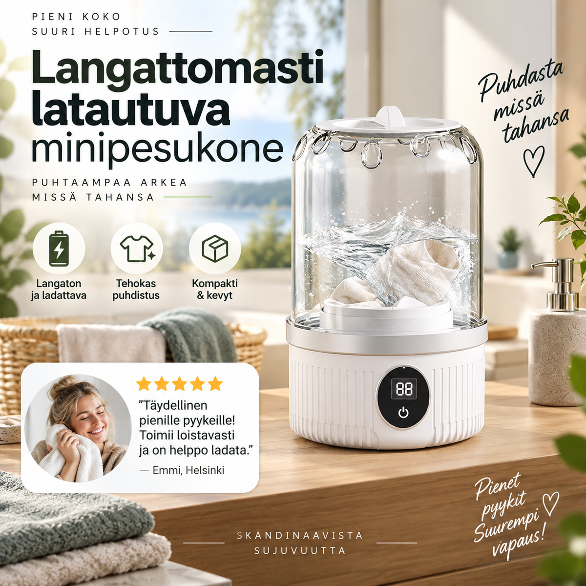Langattomasti latautuva minipesukone – kätevä ja kompakti pesuratkaisu!
