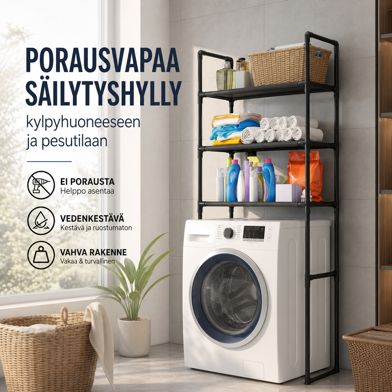 Porausvapaa säilytyshylly kylpyhuoneeseen ja pesutilaan