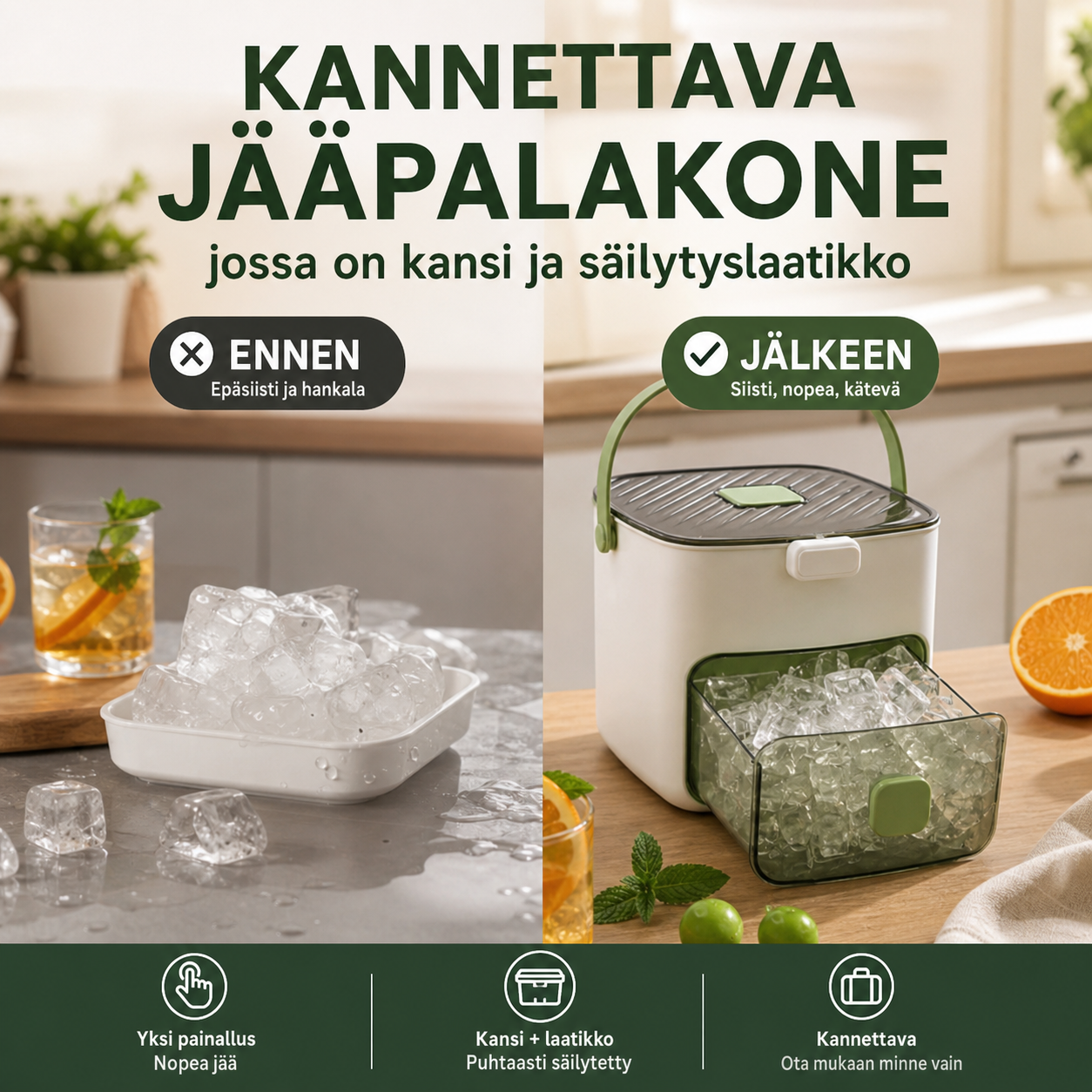 🧊Kannettava jääpalakone, jossa on kansi ja säilytyslaatikko (48 kuutiota)