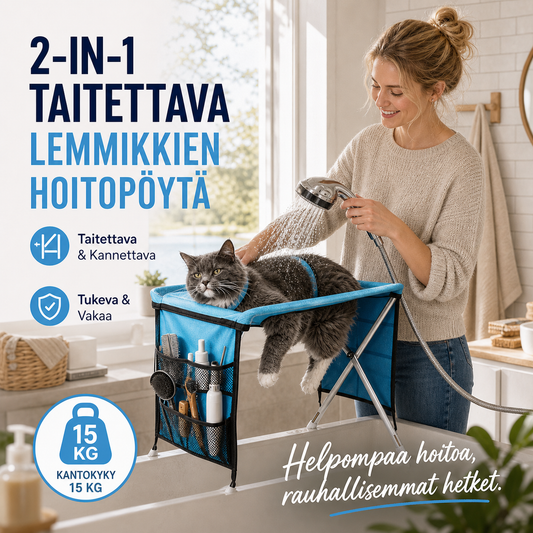 🐱 50 % ALENNUS! 🛏️ 2-in-1-taitettava lemmikkien hoitopöytä – Luistamaton pöytä ja mukava makuualusta – Ihanteellinen harjaukseen, kynsien leikkaamiseen ja päiväunille 💤