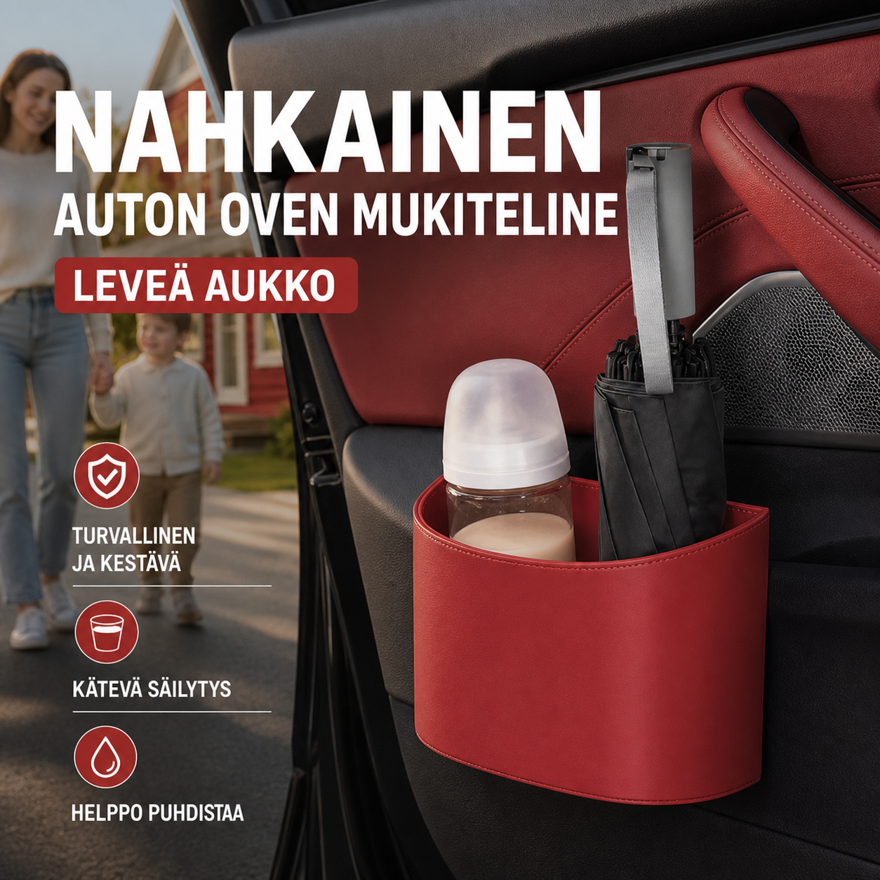 🔥Nahkainen auton oven mukiteline – Leveä aukko, juomat ja puhelin ovat helposti ulottuvilla. Kiinnittyy tukevasti klipsulla. PU-nahkaa, kestävä ja tyylikäs. 🛡️✨