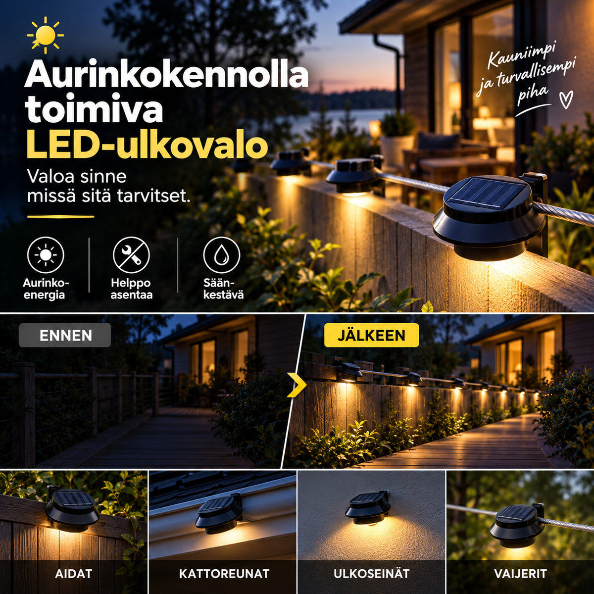 🔥🎁57 % ALENNUS🔥 Valaise räystäät, aidat ja puutarhamuurit – aurinkovoimalla toimivat ulko-LED-valot ilman verkkovirta-asennusta 🏡✨