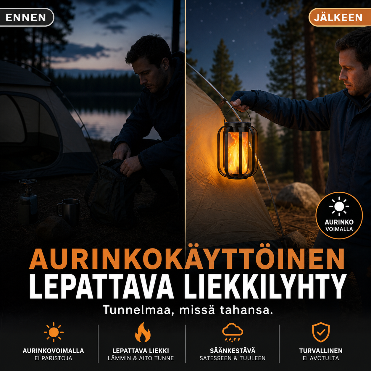 🏮 RAJOITETUN AJAN -50%! ☀️ Aurinkokäyttöinen lepattava liekkilyhty – Vedenkestävä ja automaattisesti syttyvä – Realistinen lämmin hehku, täydellinen terasseille, puutarhoihin tai poluille – ei johdotusta 🌙