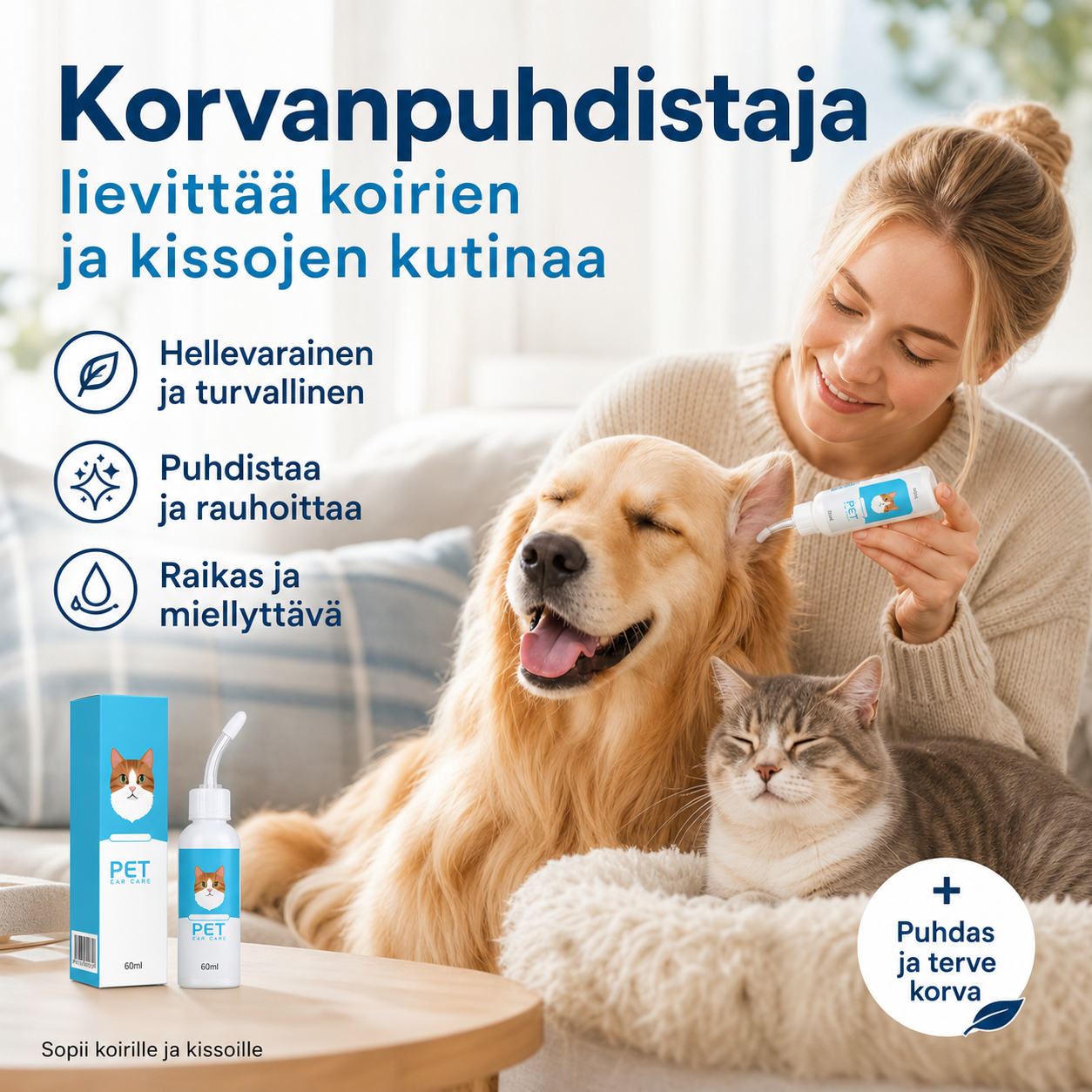 🐶🐱 Korvanpuhdistaja, lievittää koirien ja kissojen kutinaa