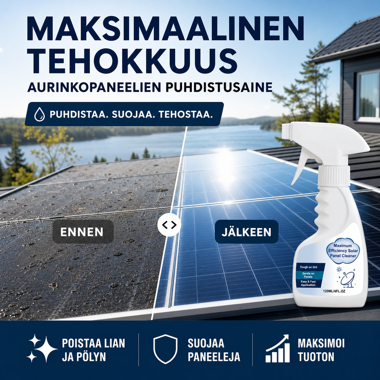 Maksimaalisen tehokkuuden aurinkopaneelien puhdistusaine