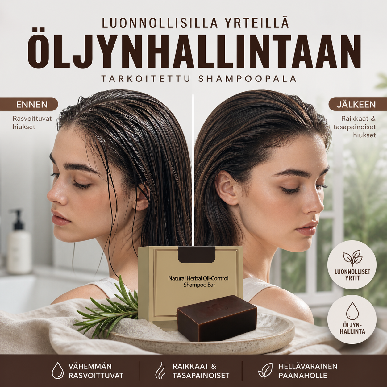 Luonnollisilla yrteillä öljynhallintaan tarkoitettu shampoopala