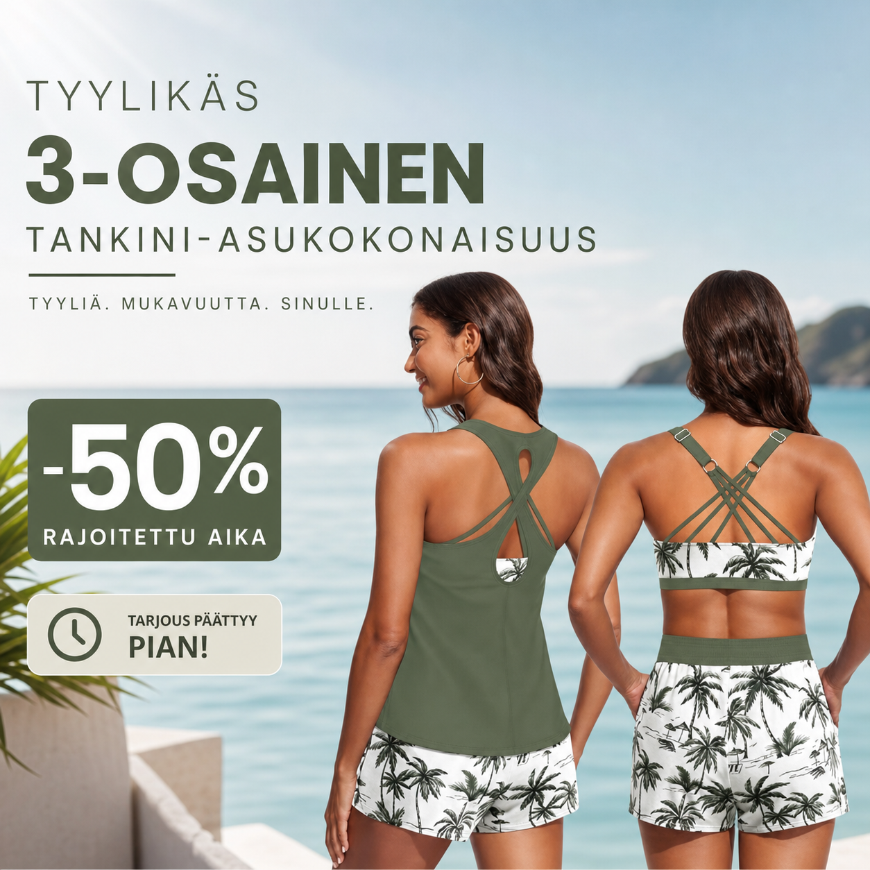 🌸 -50 %! 🦋 Tyylikäs 3-osainen tankini-asukokonaisuus – imarteleva leikkaus, trendikäs trooppinen kuosi ja ristikkäiset selkäosat – ihanteellinen rannalle ja uima-altaalle ✨