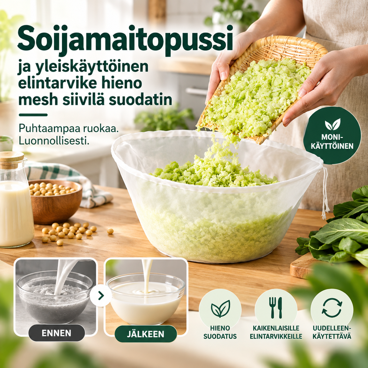 Soijamaitopussi  ja yleiskäyttöinen elintarvike hieno mesh siivilä suodatin