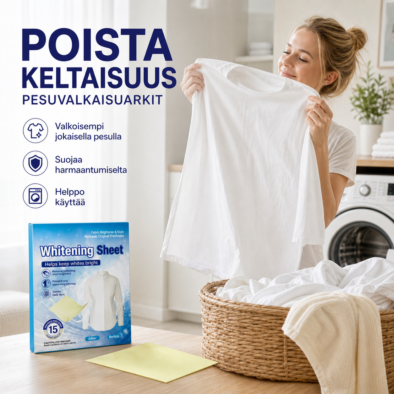 Pesuvalkaisuarkit keltaisuuden poistoon
