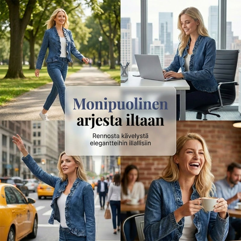 🧥 NYT 50 % ALENNUS! 🌸 Naisten röyhelöreunainen, edestä auki oleva farkkutakki – kevyt ja naisellinen – monipuolinen ja tyylikäs 👗
