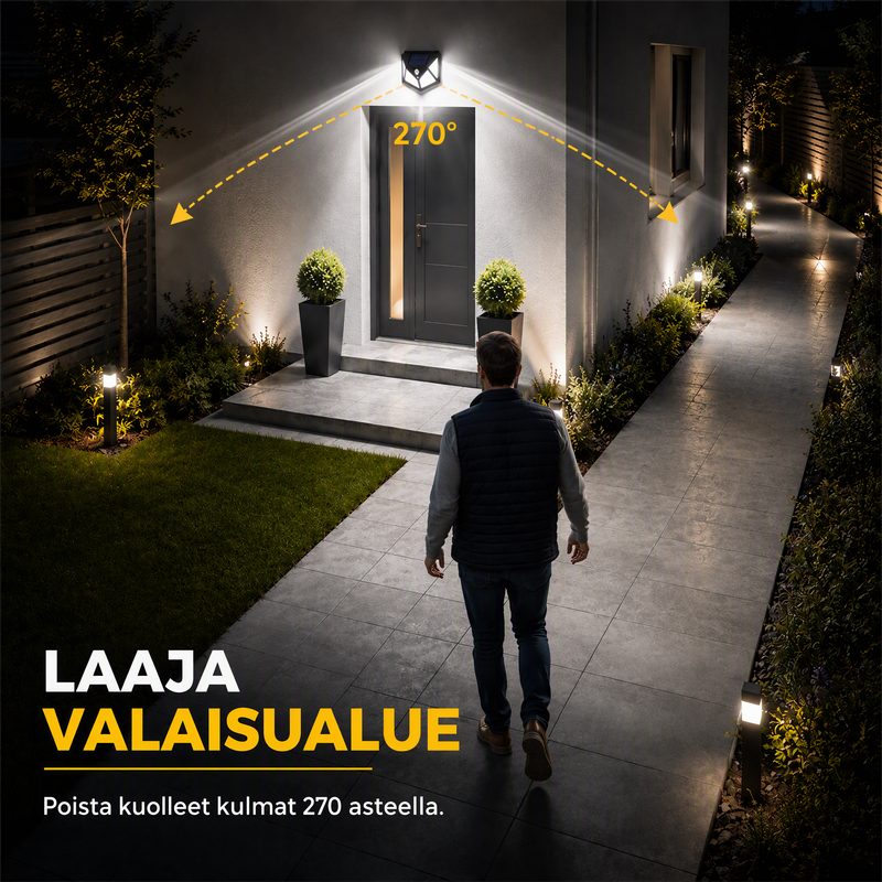 🌙💡 100 LEDin aurinkokäyttöinen seinävalaisin – 120° liiketunnistin, IP65-suojaus ja automaattinen valaistus pihalle ja mökille ☀️