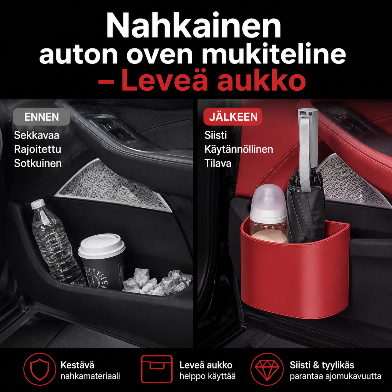🔥Nahkainen auton oven mukiteline – Leveä aukko, juomat ja puhelin ovat helposti ulottuvilla. Kiinnittyy tukevasti klipsulla. PU-nahkaa, kestävä ja tyylikäs. 🛡️✨
