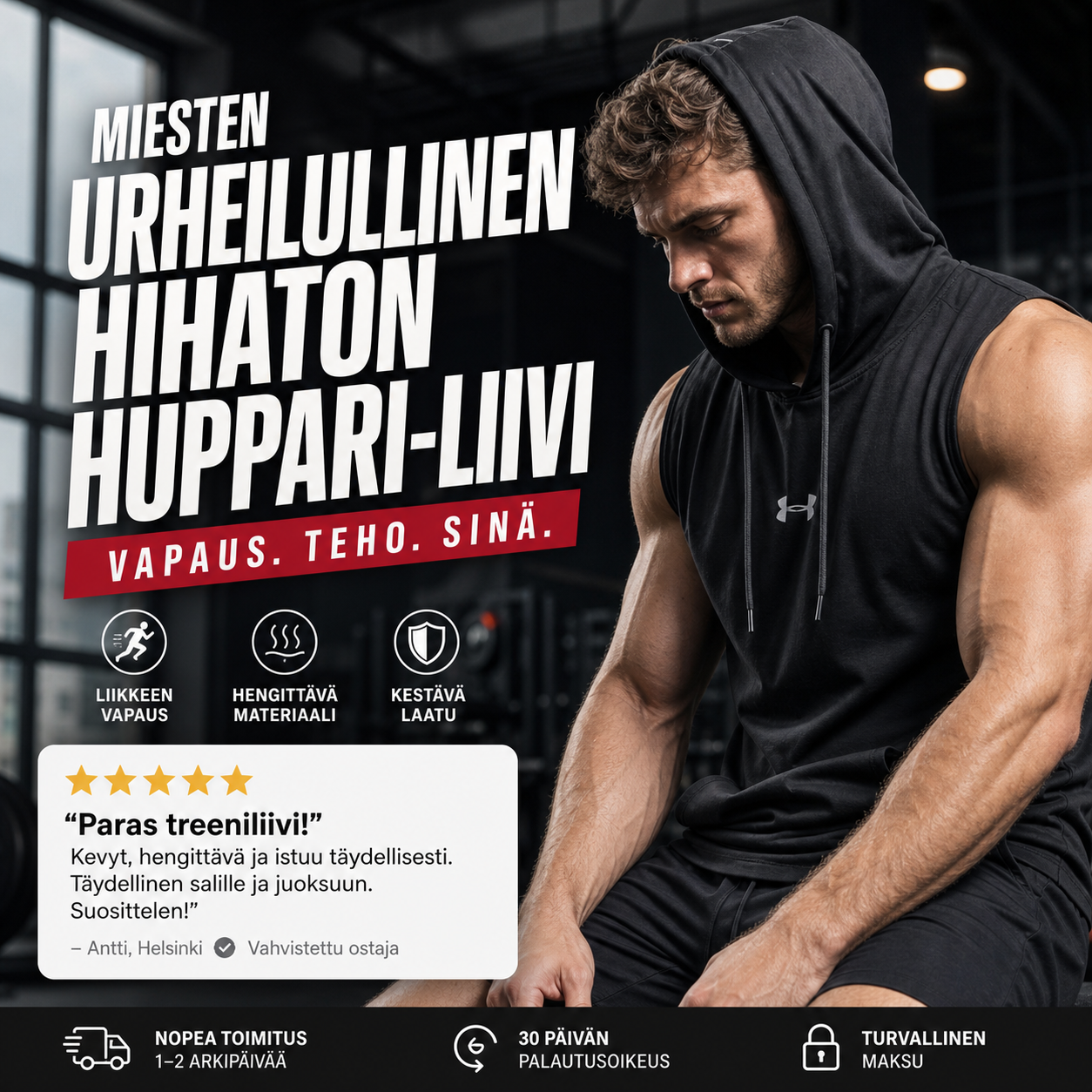 Miesten urheilullinen hihaton huppari-liivi