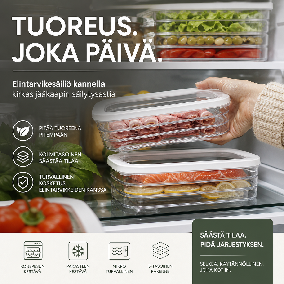 Elintarvikesäiliö kannella – kirkas jääkaapin säilytysastia
