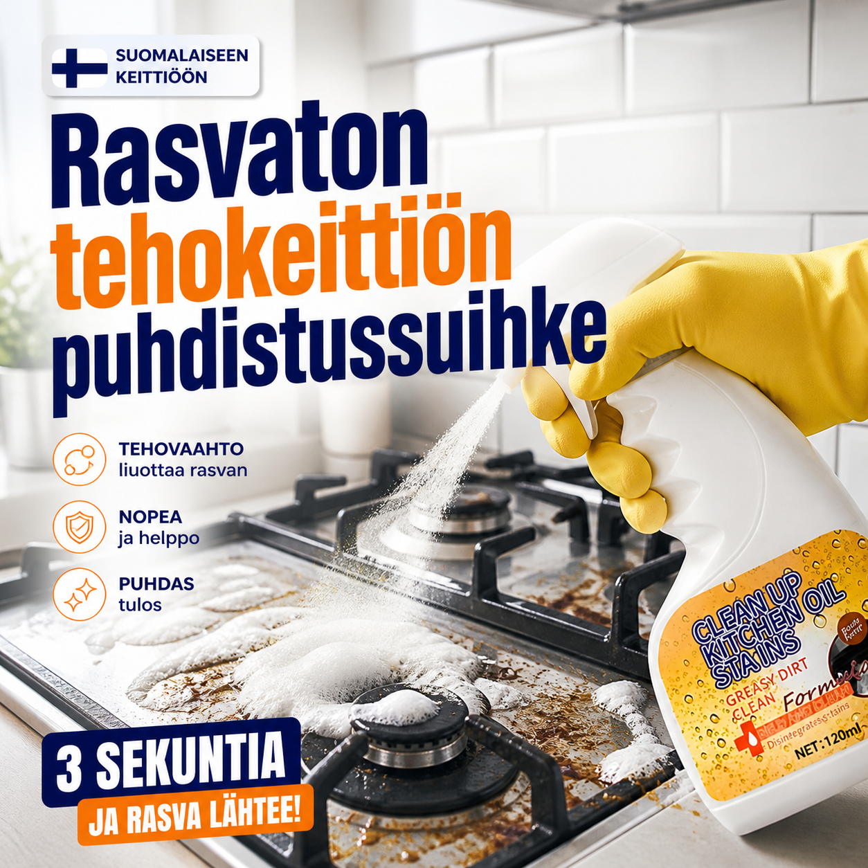 Rasvaton tehokeittiön puhdistussuihke – poistaa rasvan ja lian helposti!
