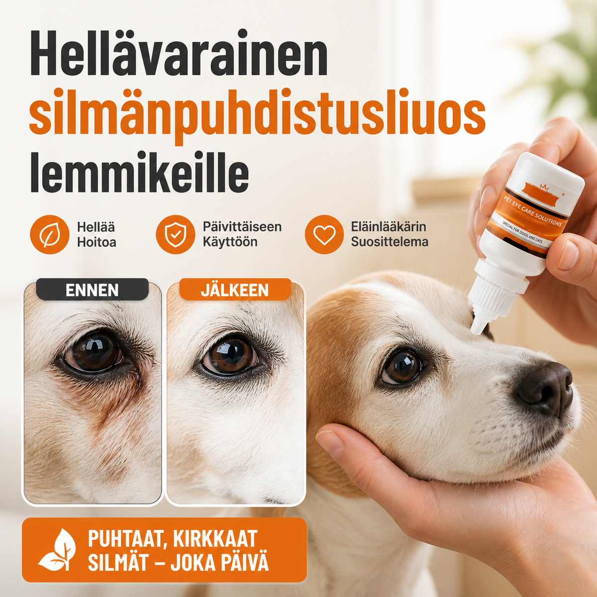 Hellävarainen silmäpuhdistusliuos lemmikeille