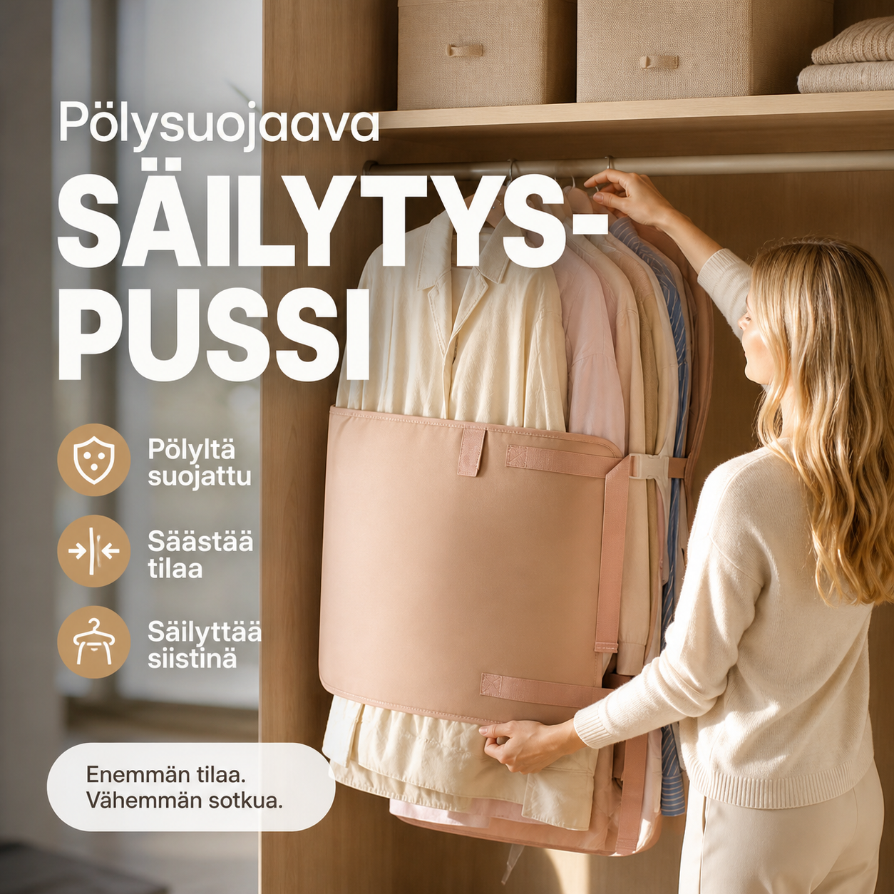 📦 Pölysuojaava säilytyspussi 👚🛡️ Rautaseinillä, pölyltä ja kosteudelta suojaava – yksi pussi mahtuu koko perheen sesonkivaatteille!