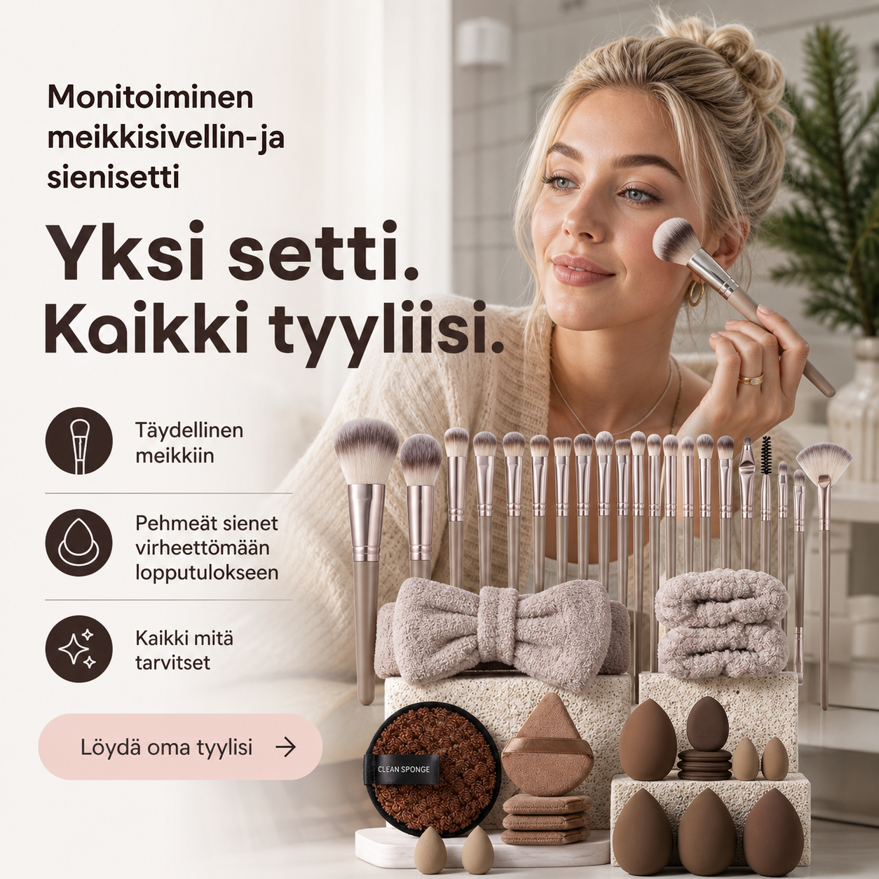 Monitoiminen meikkisivellin- ja sienisetti