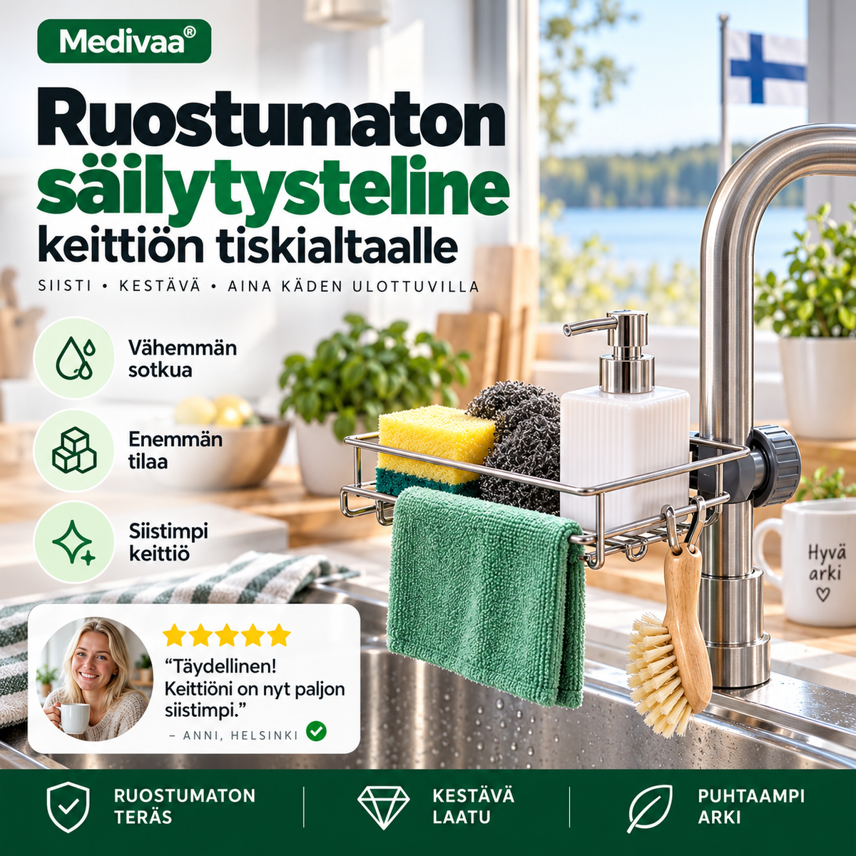 Ruostumaton säilytysteline keittiön tiskialtaalle