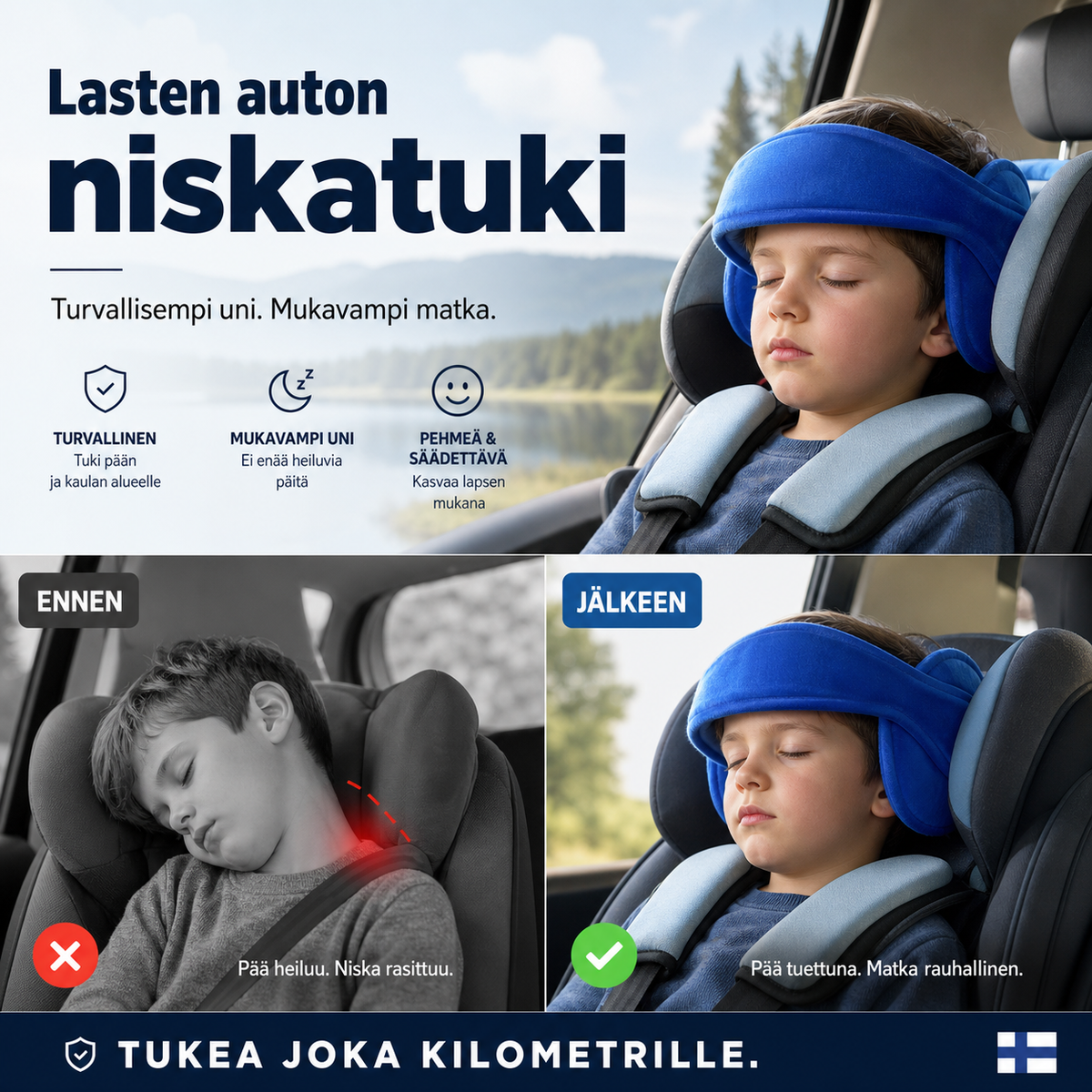 📢📢-50% !! ⏰Lasten auton niskatuki – Säädettävä pään tuki, estää pään roikkumista ja niskan kipeytymistä automatkoilla