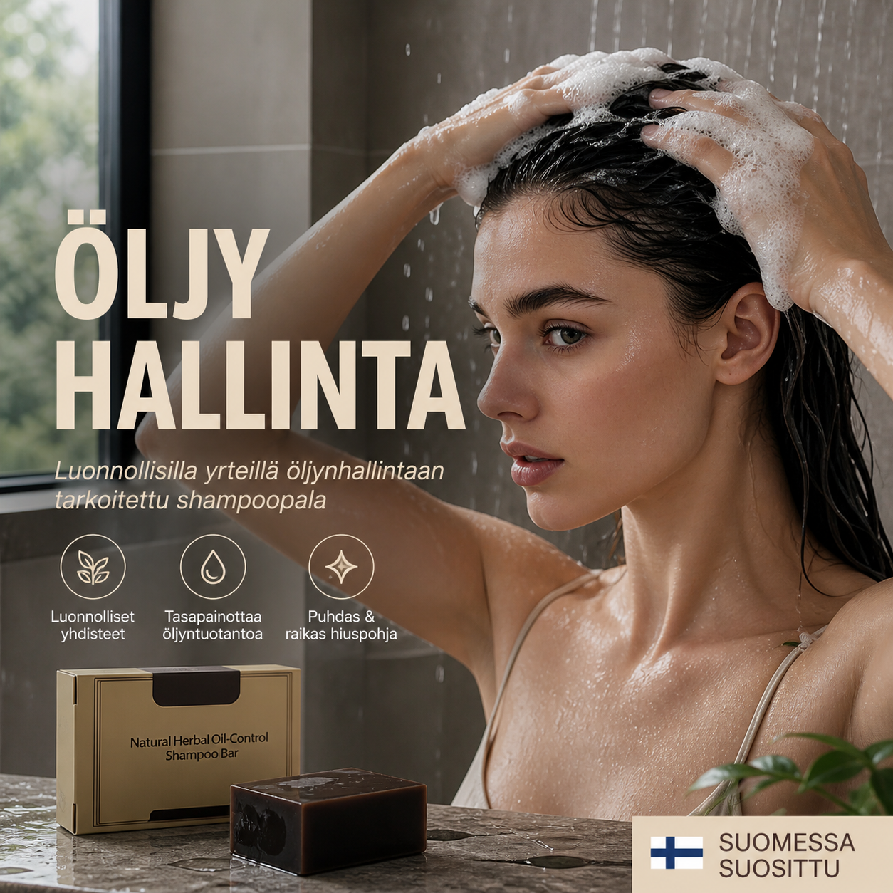 Luonnollisilla yrteillä öljynhallintaan tarkoitettu shampoopala