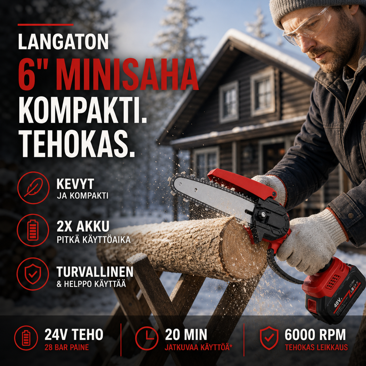 ⚡60 % alennus nyt! 🌳Langaton 6-tuumainen miniketjusaha 1 akulla🌲