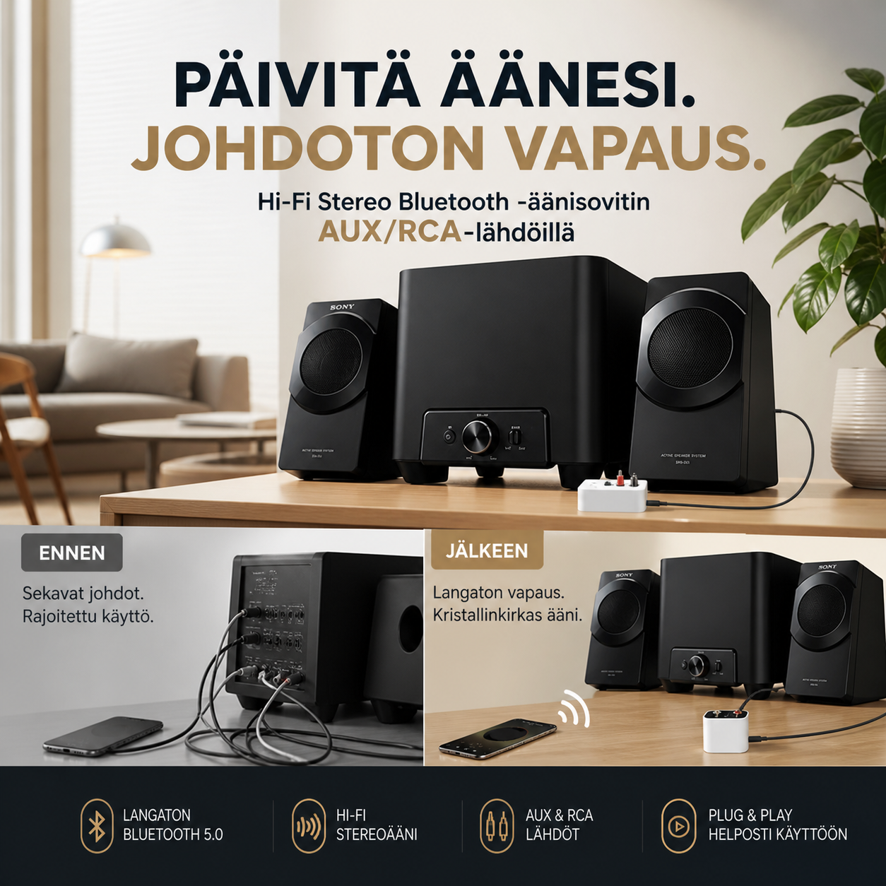Hi-Fi Stereo Bluetooth -äänisovitin AUX/RCA-lähdöillä