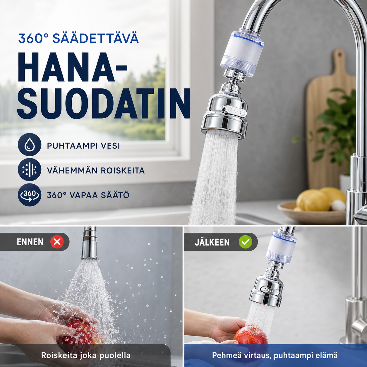 Säädettävä 360°:lla pyörivä hanasuodatinsarja