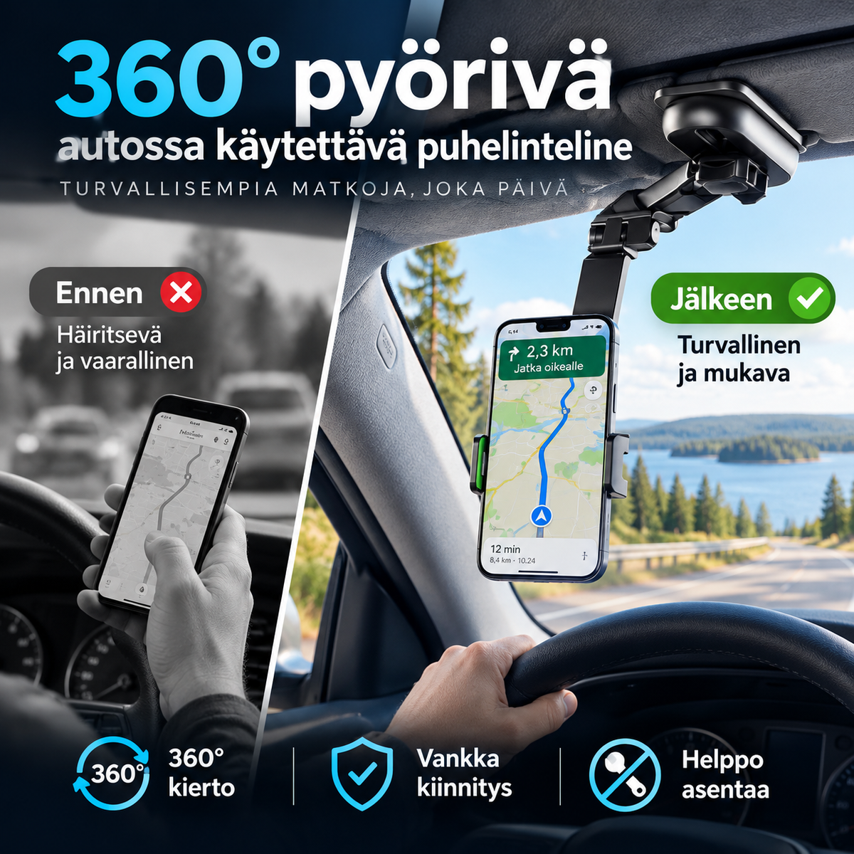 Asenna puhelimesi heti! 360° pyörivä autossa käytettävä puhelinteline
