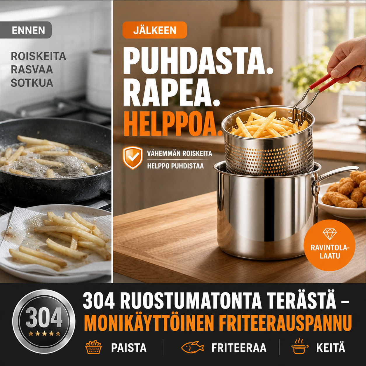 🔥VIIMEINEN PÄIVÄ – 50% ALENNUS🎁 304 Ruostumatonta terästä – Monikäyttöinen friteerauspannu