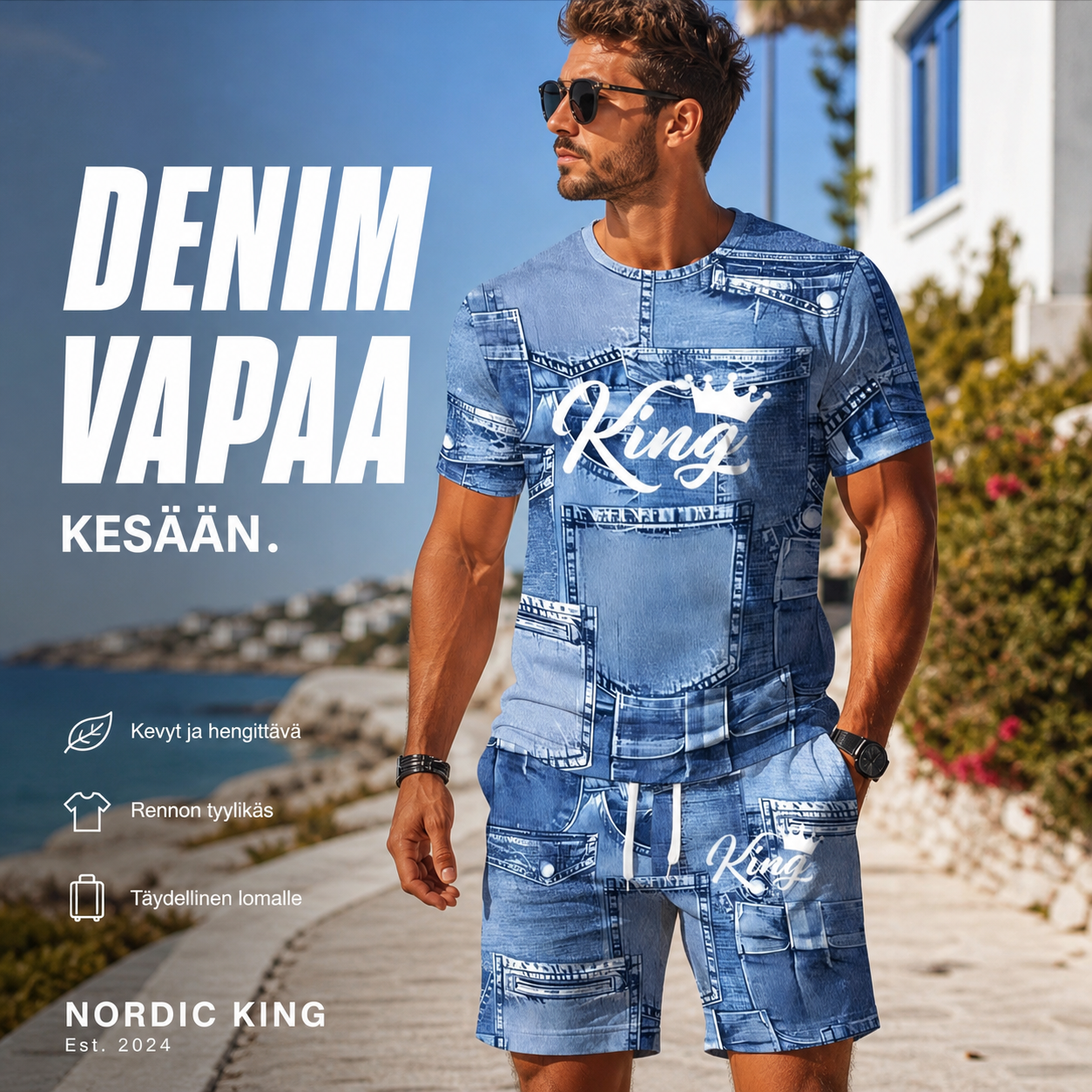Miesten vapaa-ajan tekodenim-kuvioinen T-paita- ja shortsisetti
