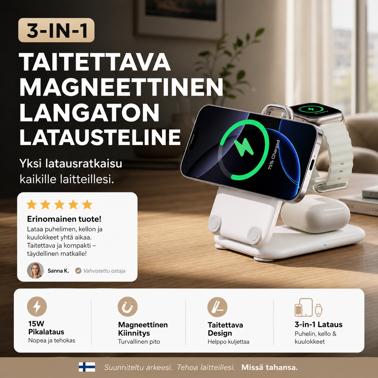 3-in-1 -taitettava magneettinen langaton laturiteline