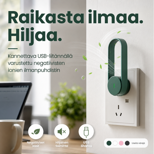 Kannettava, hiljainen USB-liitännällä varustettu negatiivisten ionien ilmanpuhdistin