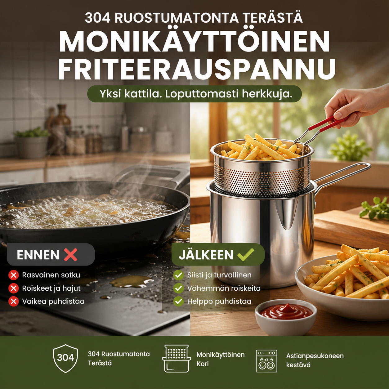 🔥VIIMEINEN PÄIVÄ – 50% ALENNUS🎁 304 Ruostumatonta terästä – Monikäyttöinen friteerauspannu