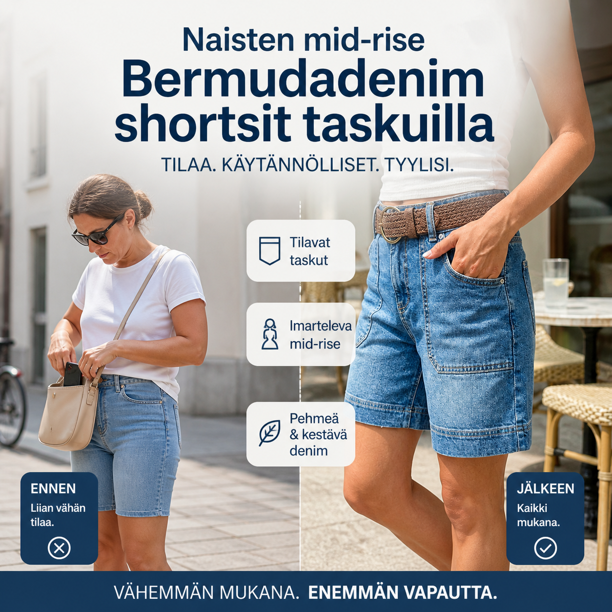 Naisten mid-rise -bermudadenimshortsit taskuilla