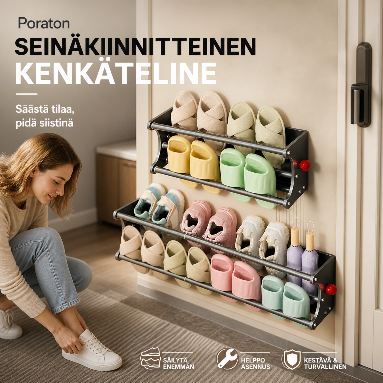 Poraton seinäkiinnitteinen kenkäteline