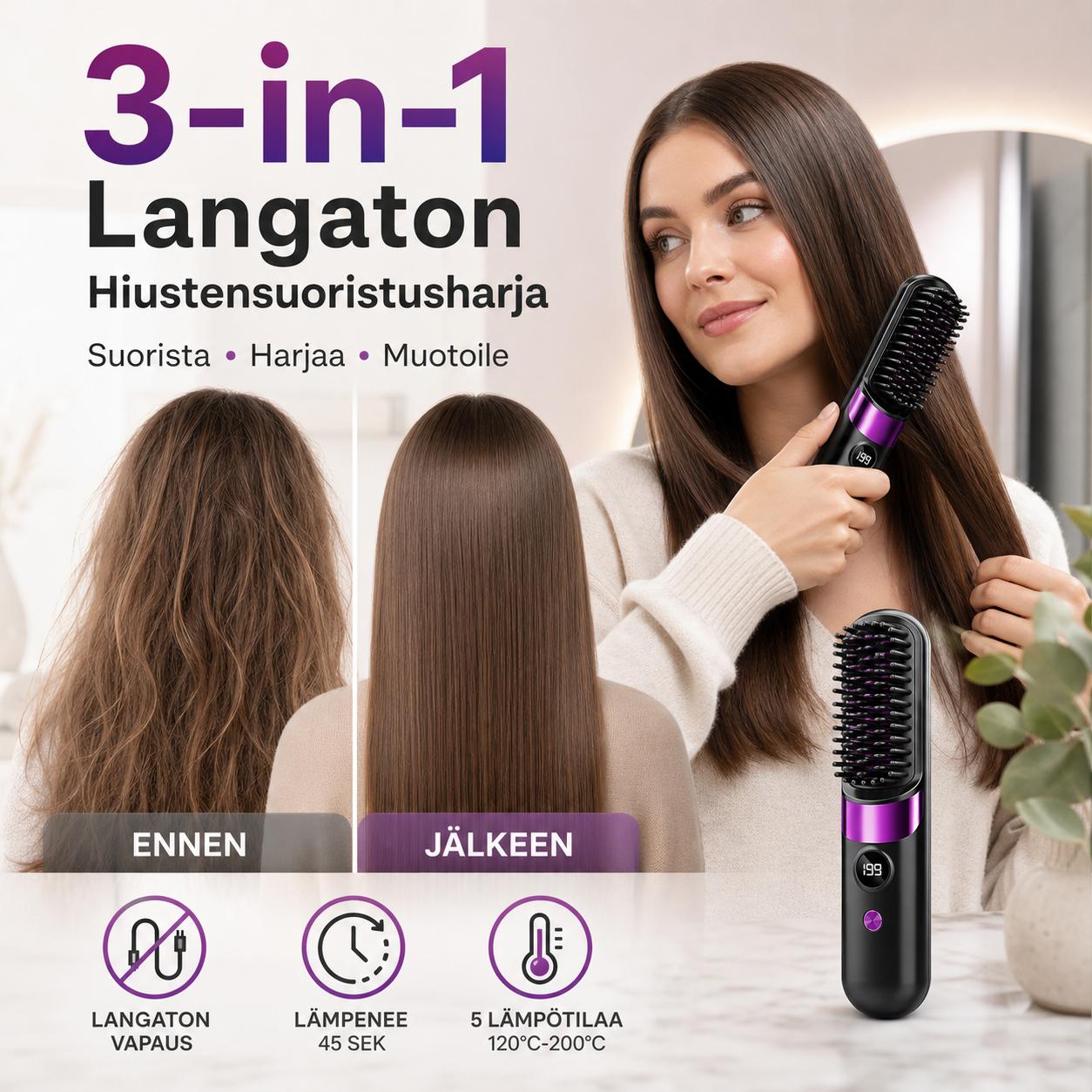 💇‍♀️🔥 3-in-1 Langaton Hiustensuoristusharja – Suorista, Kiharru & Selvitä – USB-C Ladattava, 4 Lämpöasetusta – Täydellinen Hiustyyli Missä Tahansa! ✨