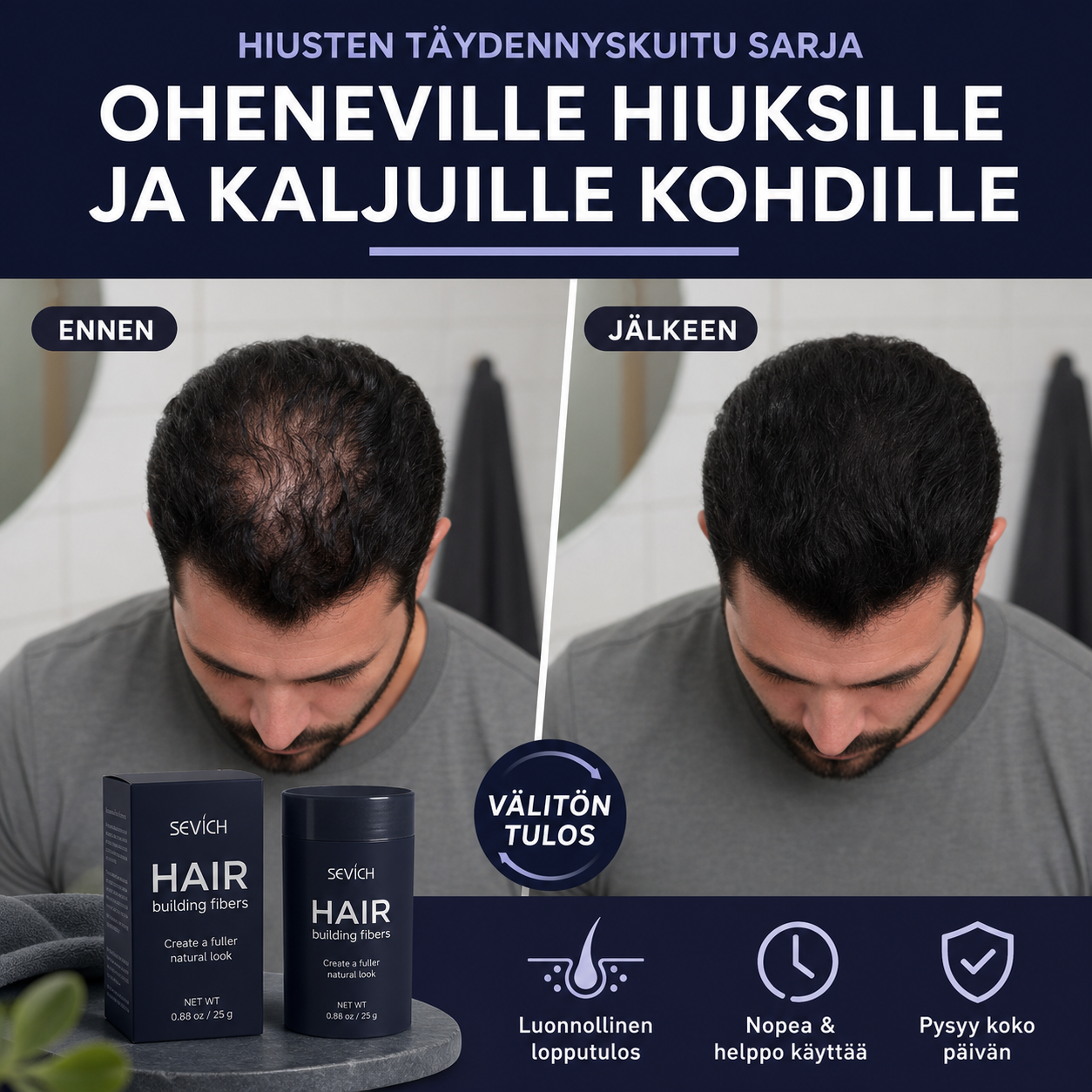 Hiusten täydennyskuitu sarja oheneville hiuksille ja kaljuille kohdille