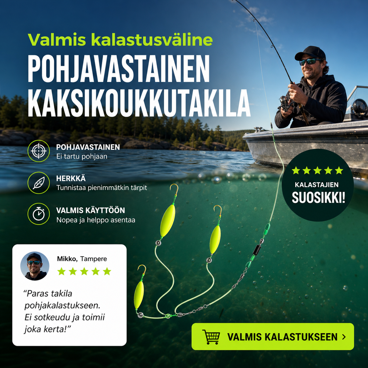 Valmis kalastusväline – pohjavastainen kaksikoukkutakila