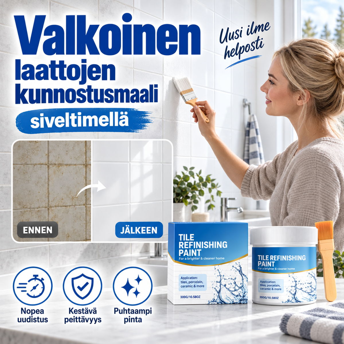 Valkoinen laattojen kunnostusmaali siveltimellä