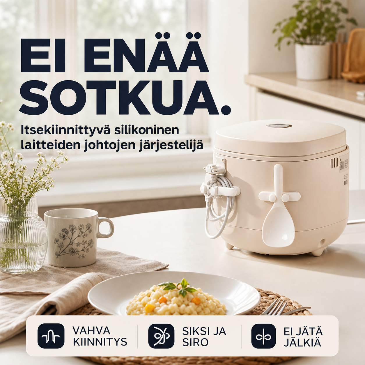 Itsekiinnittyvä silikoninen laitteiden johtojen järjestelijä