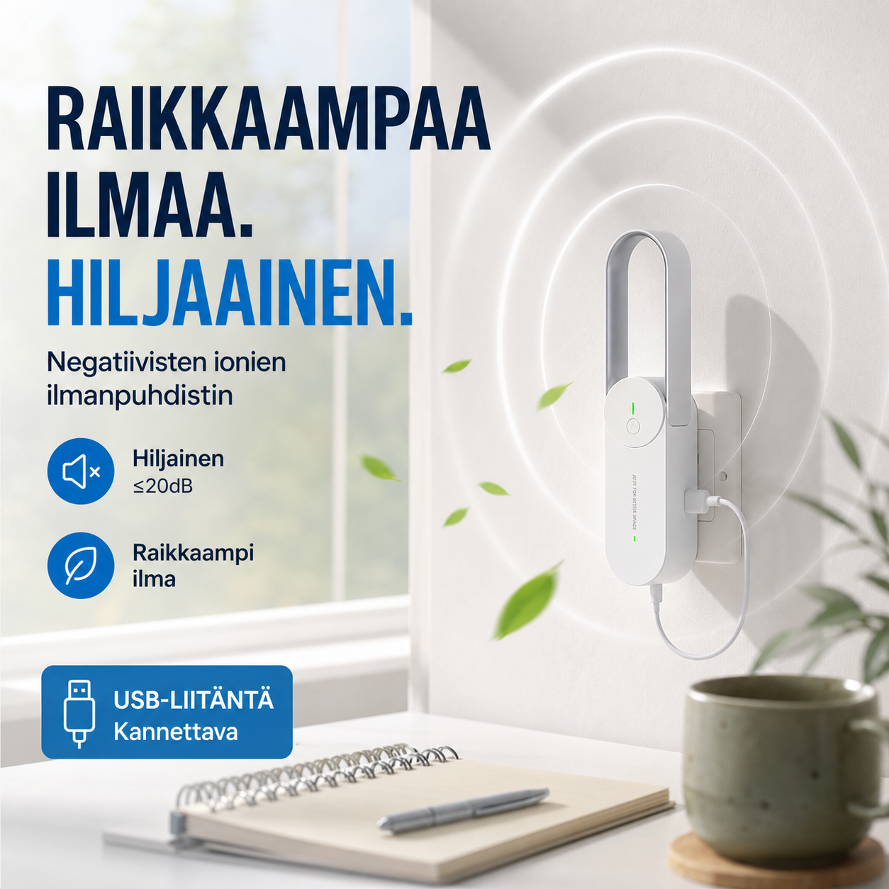 Kannettava, hiljainen USB-liitännällä varustettu negatiivisten ionien ilmanpuhdistin