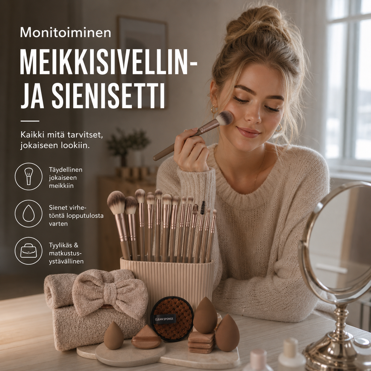 Monitoiminen meikkisivellin- ja sienisetti