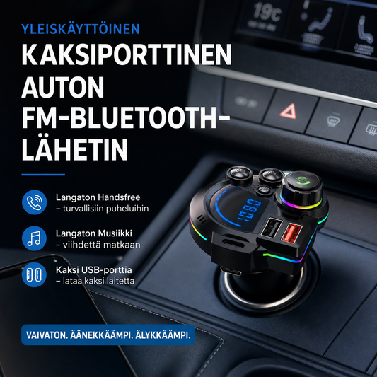 📻 NYT 50 % ALENNUS! 🚗 Yleiskäyttöinen kaksiporttinen auton FM-Bluetooth-lähetin – langaton musiikin toisto, handsfree-puhelut ja kaksi USB-latausporttia 🔌