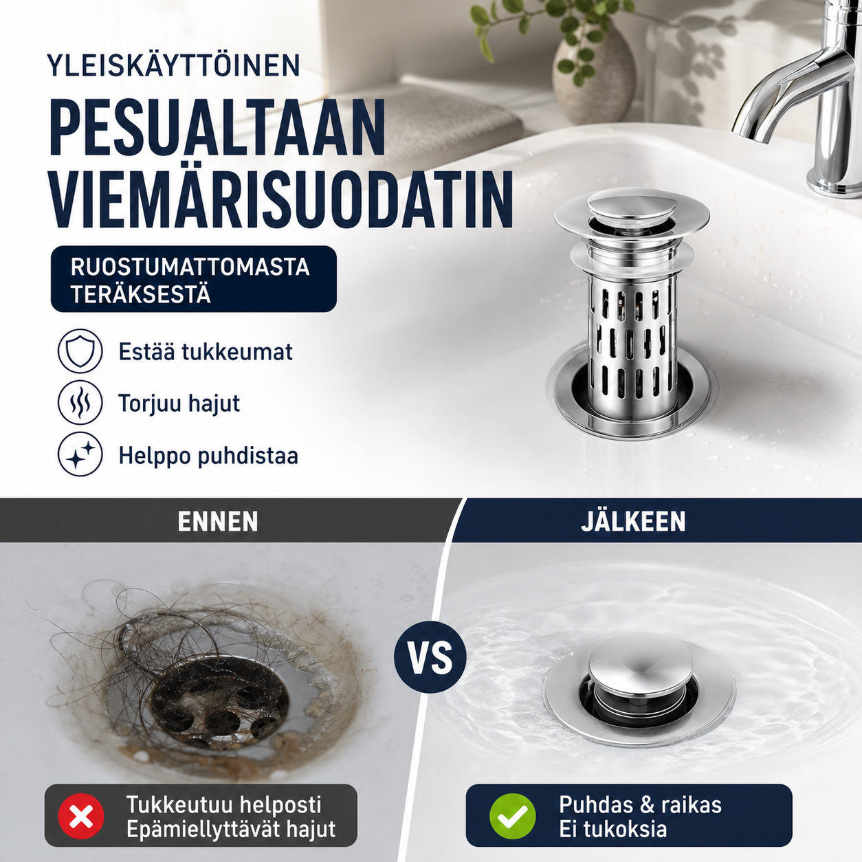 Yleiskäyttöinen ruostumattomasta teräksestä valmistettu pop-up-tyyppinen pesualtaan viemärisuodatin