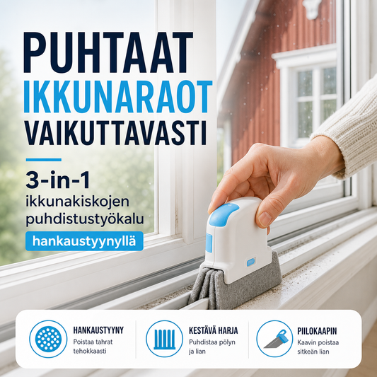 3-in-1-ikkunakiskojen puhdistustyökalu, jossa on hankaustyyny