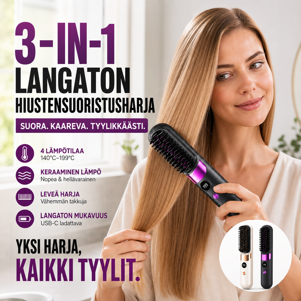 💇‍♀️🔥 3-in-1 Langaton Hiustensuoristusharja – Suorista, Kiharru & Selvitä – USB-C Ladattava, 4 Lämpöasetusta – Täydellinen Hiustyyli Missä Tahansa! ✨