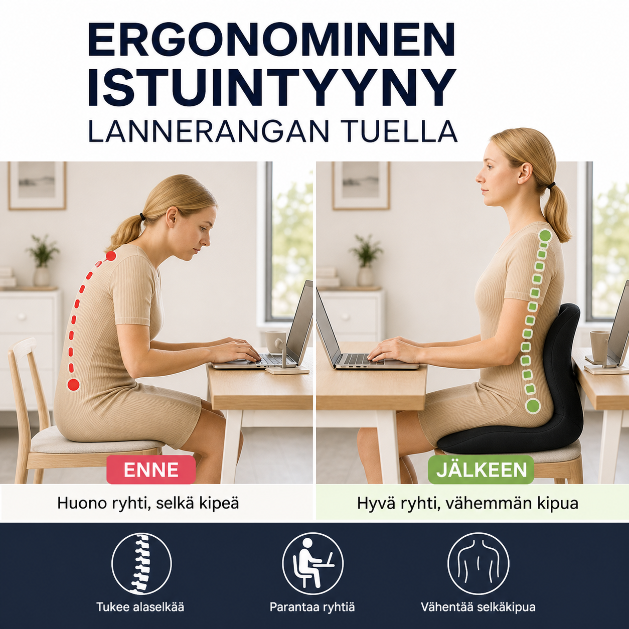 Ergonominen istuintyyny lannerangan tuella – tukea istumiseen ja hyvää ryhtiä!
